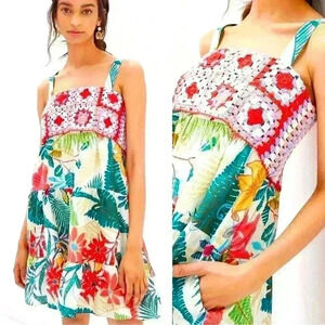 Farm Rio x Anthropologie Crochet Tropical Mini Dress S Pockets